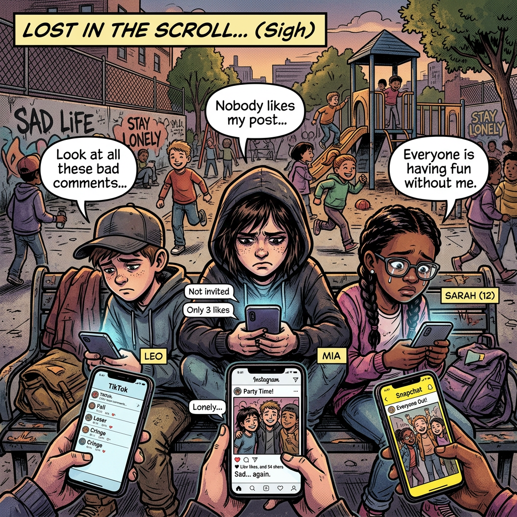 Three children sitting on a bench looking sad while using smartphones at a playground.